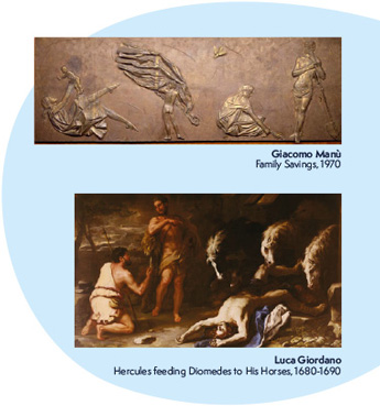 Artworks of Family Saving and Hercules feeding Diomedes to His Horses